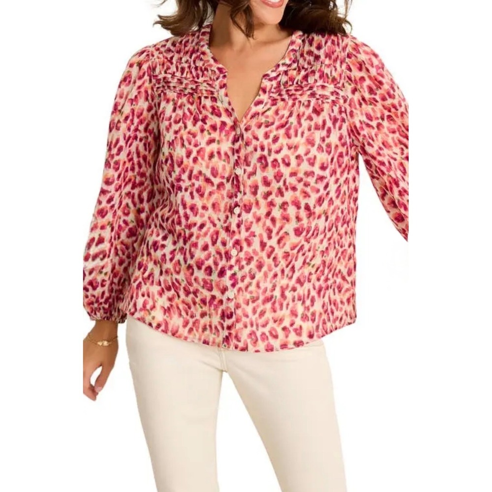 Tommy Bahama Size-S/P Womens Pink Orange Leopard Print Ramie Tencel Blouse